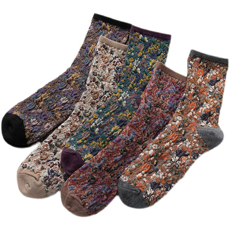 [2 Pairs] Gold Rose Totem Flower Mid-Calf Spring and Summer Match Small Leather Shoes Beautiful