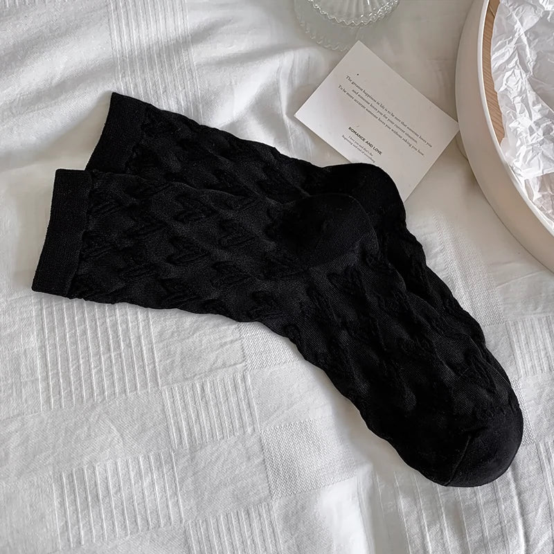 [5 Pairs] Spring and Summer Embossed Plain Thin College Style Love Little Bit More Wear