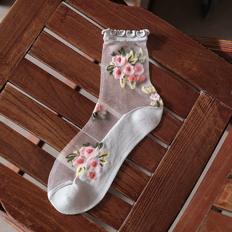 [5 Pairs] Spring and Summer Season Card Silk Breathable Wooden Ear Little Flowers Thin Breathable