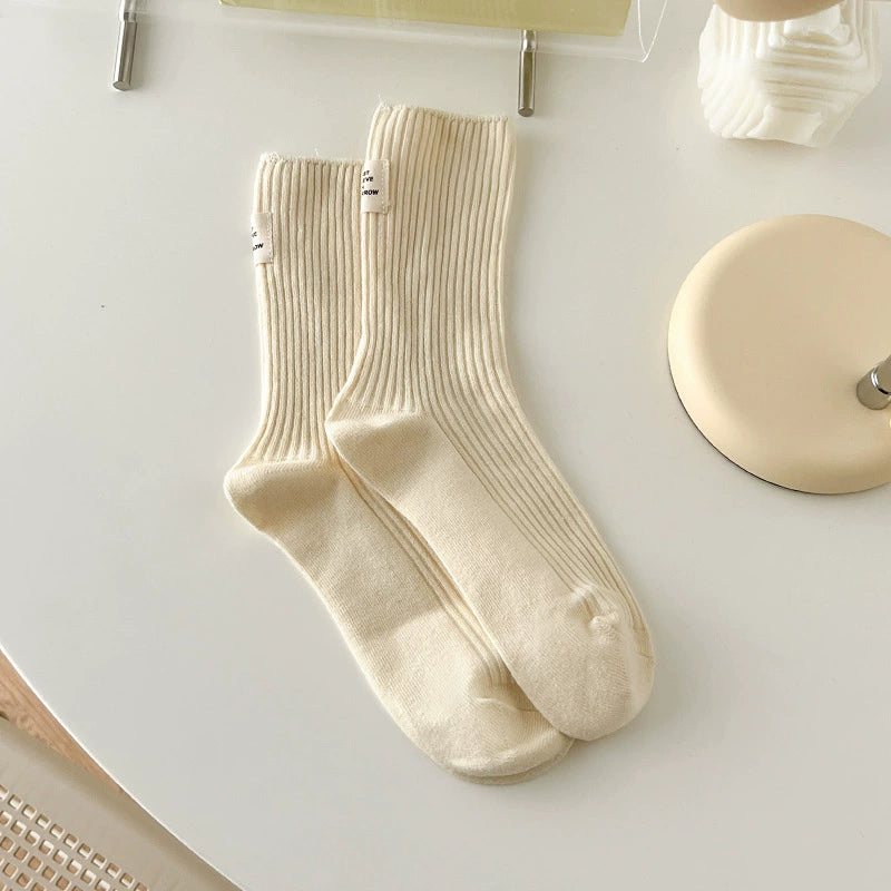 [3 Pairs] Socks Women's Spring and Summer Cotton Double Needle Bunching Socks Japanese Heel Cloth Label Macaron Tube Socks