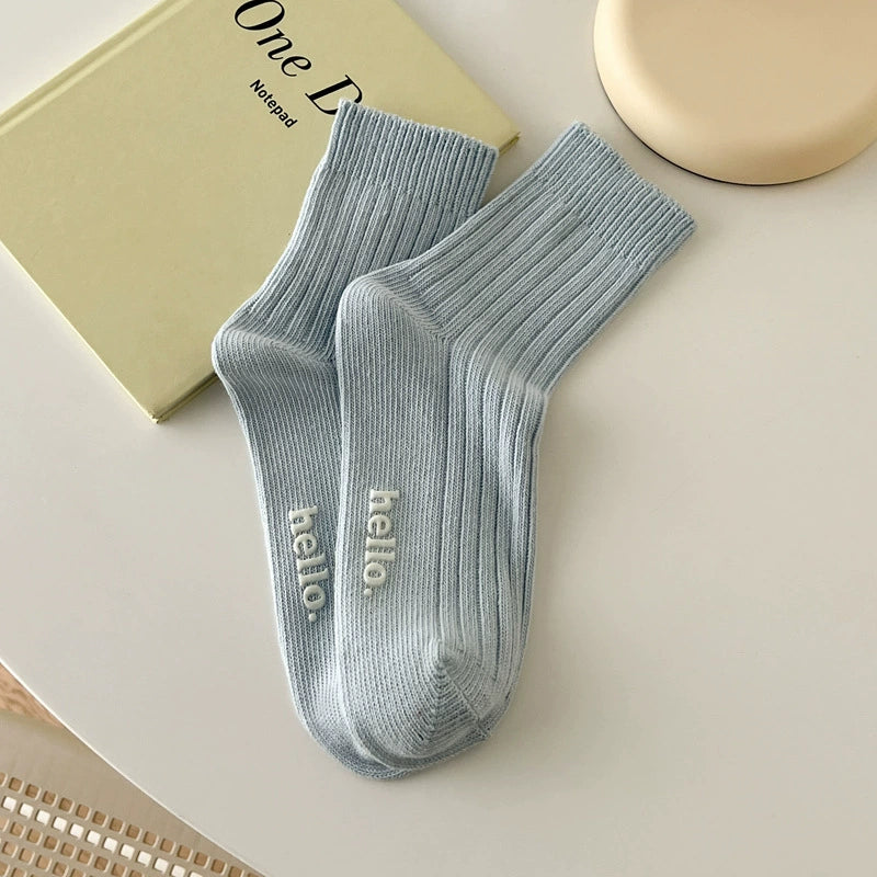 [5 Pairs] Spring and Summer Thick Thread Hot Stamping Macaron Fresh South Korea Cream Color Female Middle Tube Socks
