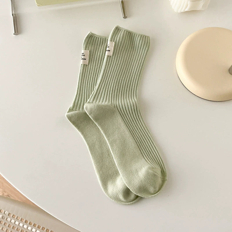 [3 Pairs] Socks Women's Spring and Summer Cotton Double Needle Bunching Socks Japanese Heel Cloth Label Macaron Tube Socks