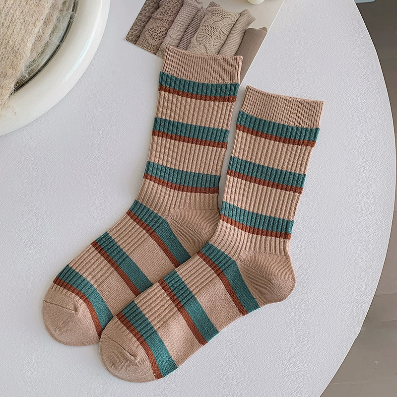 [4 Pairs] Sorry I'm Late, Girl Spring and Summer Double Needle All-Match College Style Mid-Calf