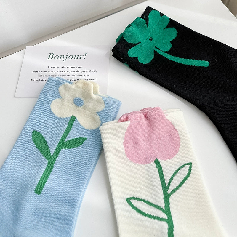 [3 Pairs] Three Flowers in Spring and Summer Look Good in Any Way. Pure Cotton Sweat-Absorbent