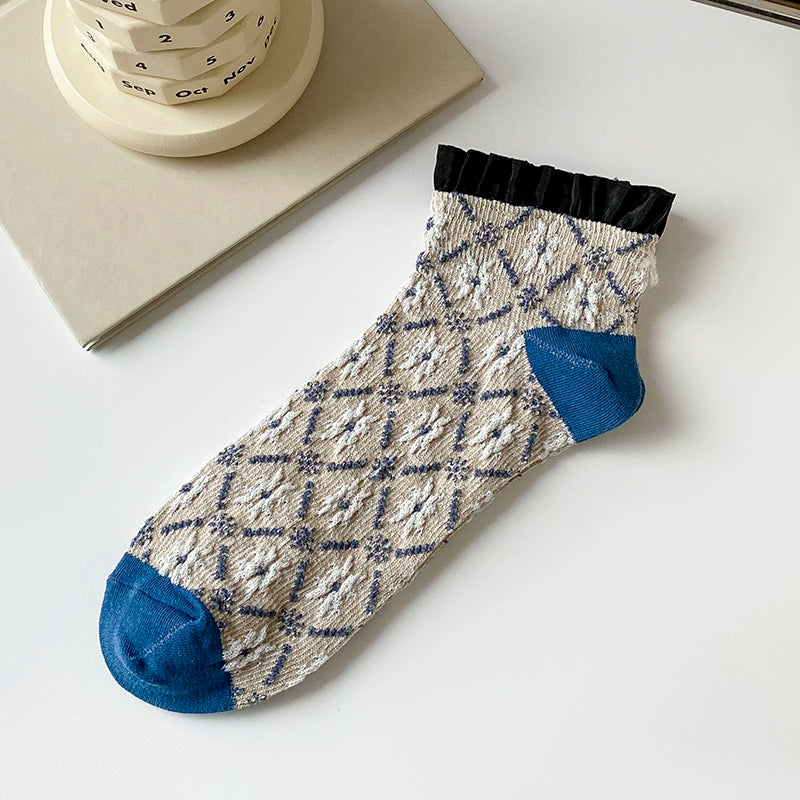 [5 Colors] Dashang Dashed Rhombus Lace Women's Short Spring and Summer Fashion Socks