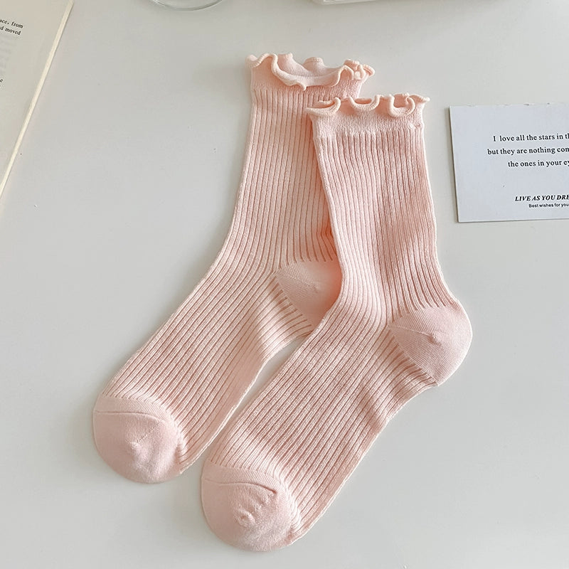 [5 Pairs] Thin Wooden Ear Macaron Color Series Pure Cotton Breathable Thin