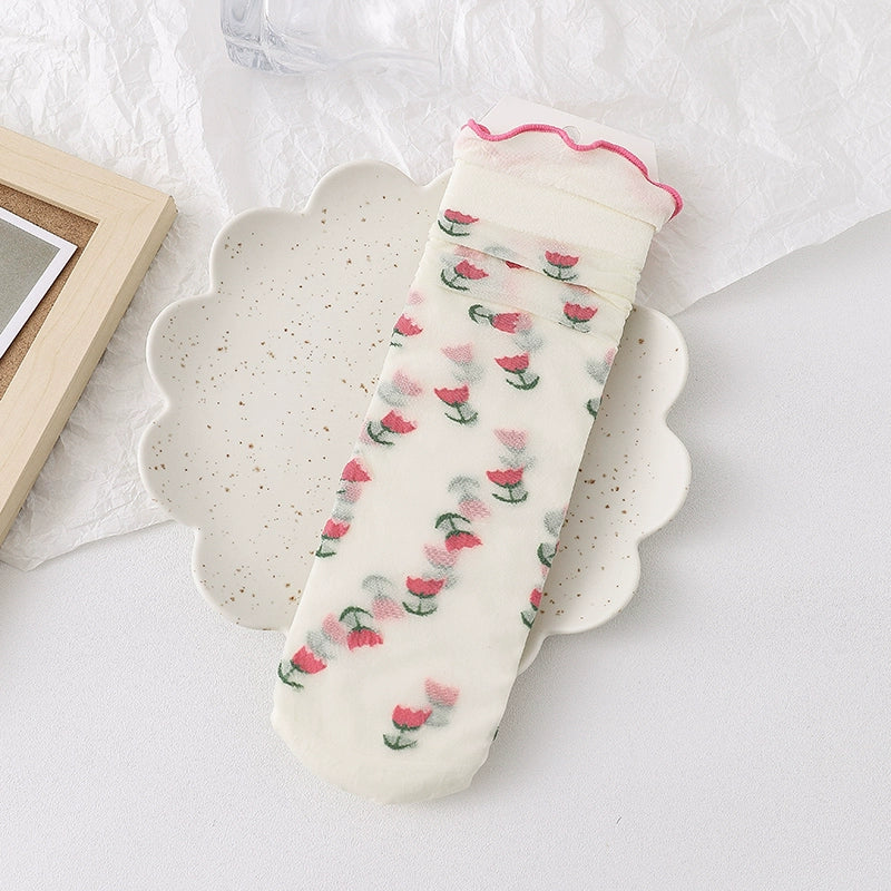 [3 Pairs] Lolita Style Summer Ultra-Thin Silk Fruit Dark Flower White Wear Lace Design