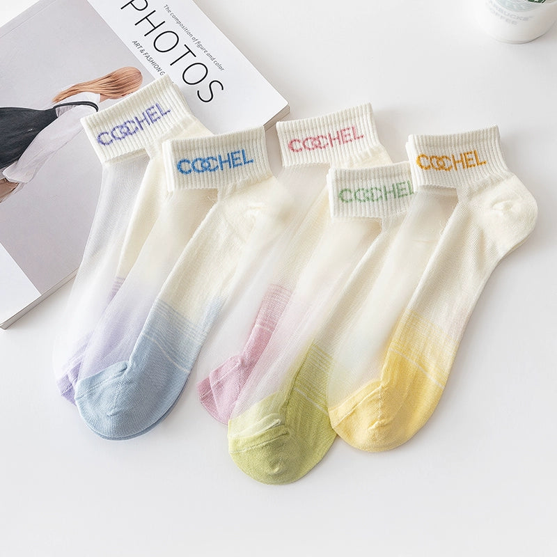[5 Pairs] Thin Kanekalon Fashionable Letters Summer Breathable Multi-Color Optional Boat Socks
