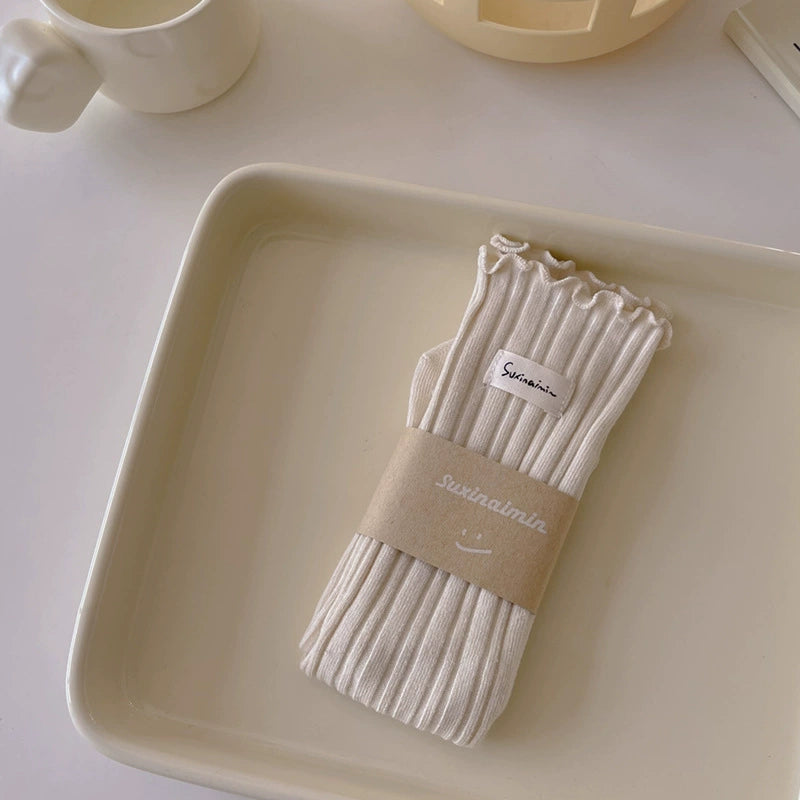 [2 Pairs] Spring and Summer Thin Wooden Ear Double Needle Pile Style Wear Cotton Trendy Mid-Calf