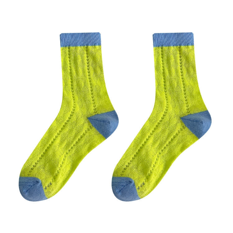 [3 Pairs] Dopamine Summer Thin Hollow Diamond Contrast Color Female Mid-Calf Length and Breathable Mesh Comfortable Pure Cotton