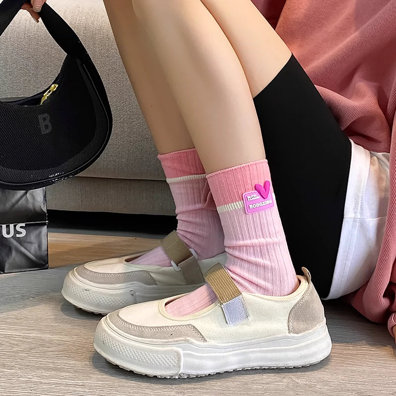 [4 Pairs] Spring and Summer Japanese and Korean Fashion 3D Love Pure Cotton Comfortable Breathable Mid-Calf