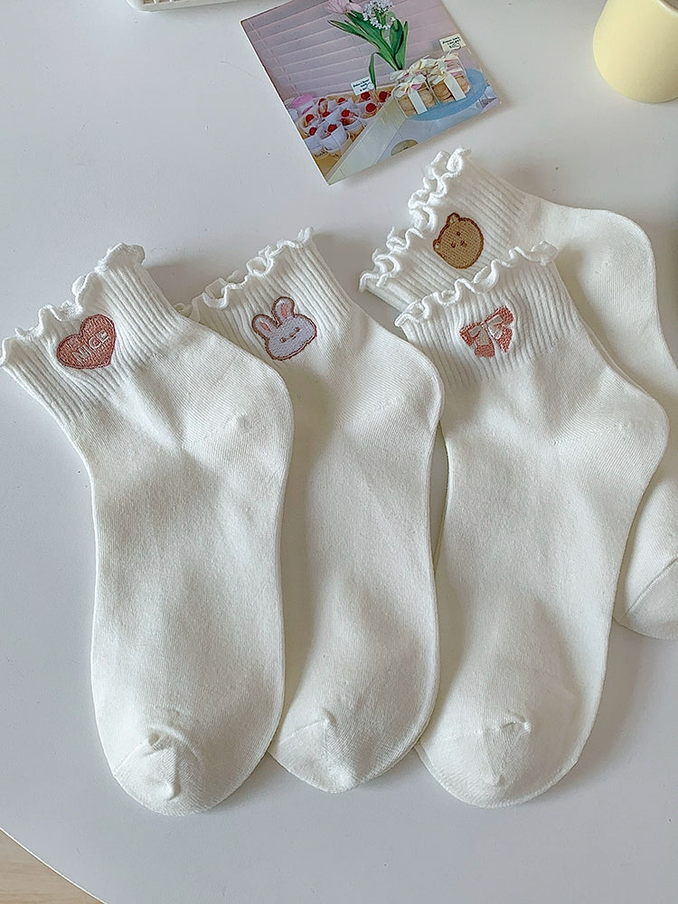 [4 Pairs] Spring and Summer Pure Cotton Embroidered Wooden Ear Women's Socks Cocoa Love White White Tender Very Versatile