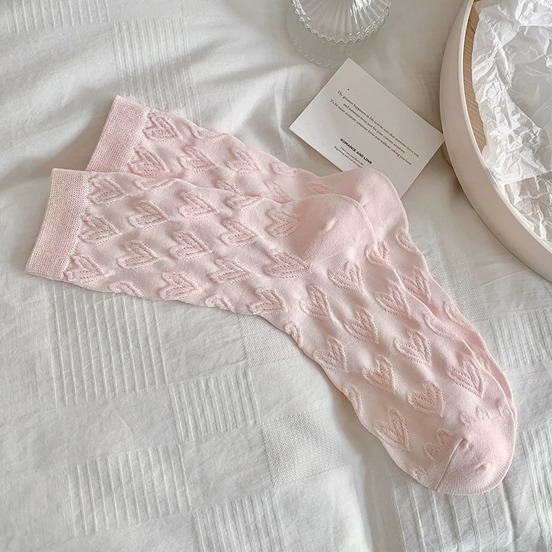 [5 Pairs] Spring and Summer Embossed Plain Thin College Style Love Little Bit More Wear