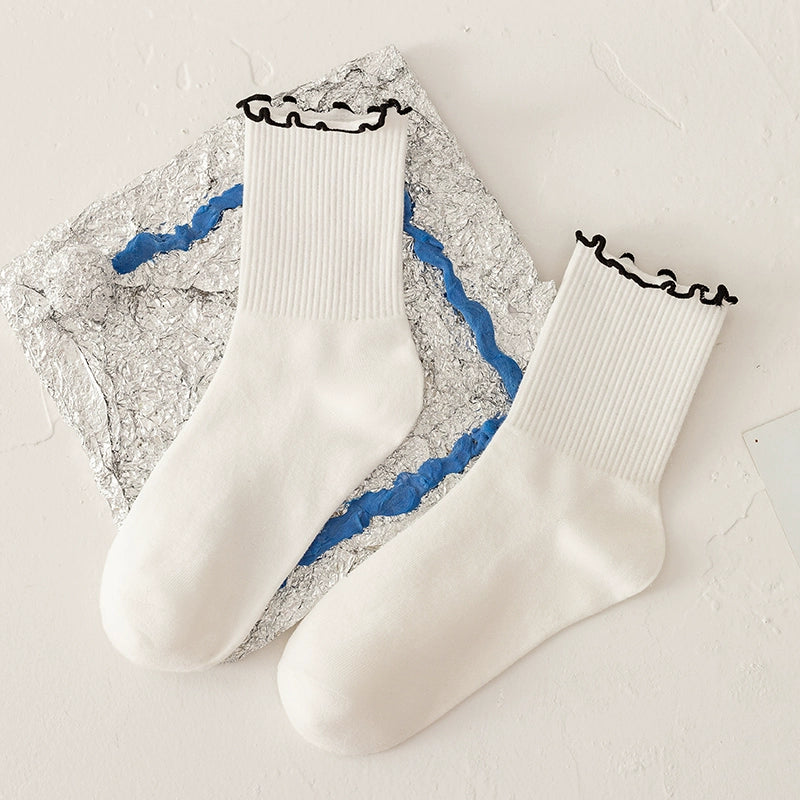 [2 Pairs] JK Black and White Striped Wooden Ear Cotton Spring and Summer Cotton Socks Lace Socks Versatile