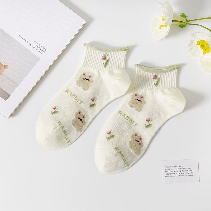 [5 Pairs] Summer Cool Little Green Boat Socks Tulip Gradually Love