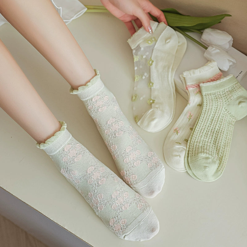 [5 Pairs] Summer Thin Breathable a Little Retro Light Green Simple Lady Wear