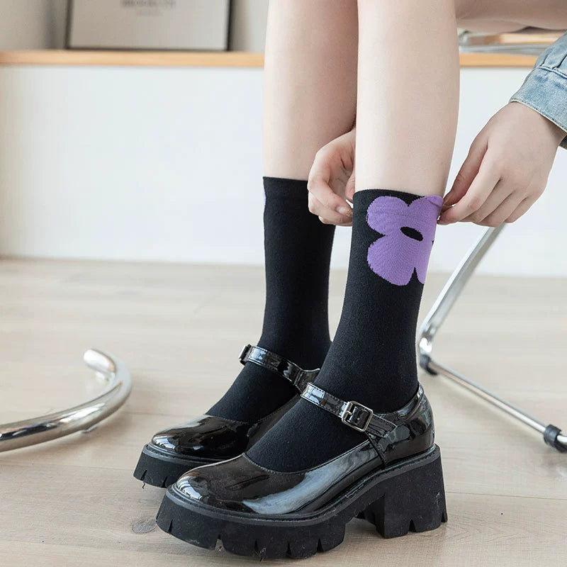 [2 Pairs] Flower Socks for Women Spring Summer Pure Cotton Trendy Flowers Blossoming