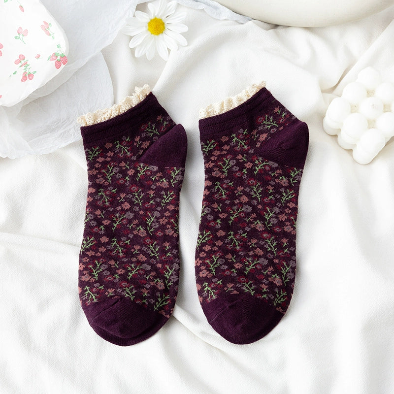 [2 Pairs] Pure Cotton Floral Lace Ethnic Style Versatile Short Spring and Summer Thin