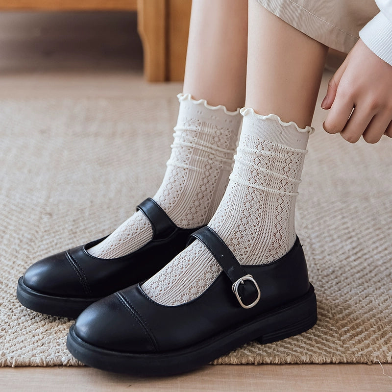 [5 Pairs] Summer Mesh Breathable Ruffled Pure Straight Socks Match Well