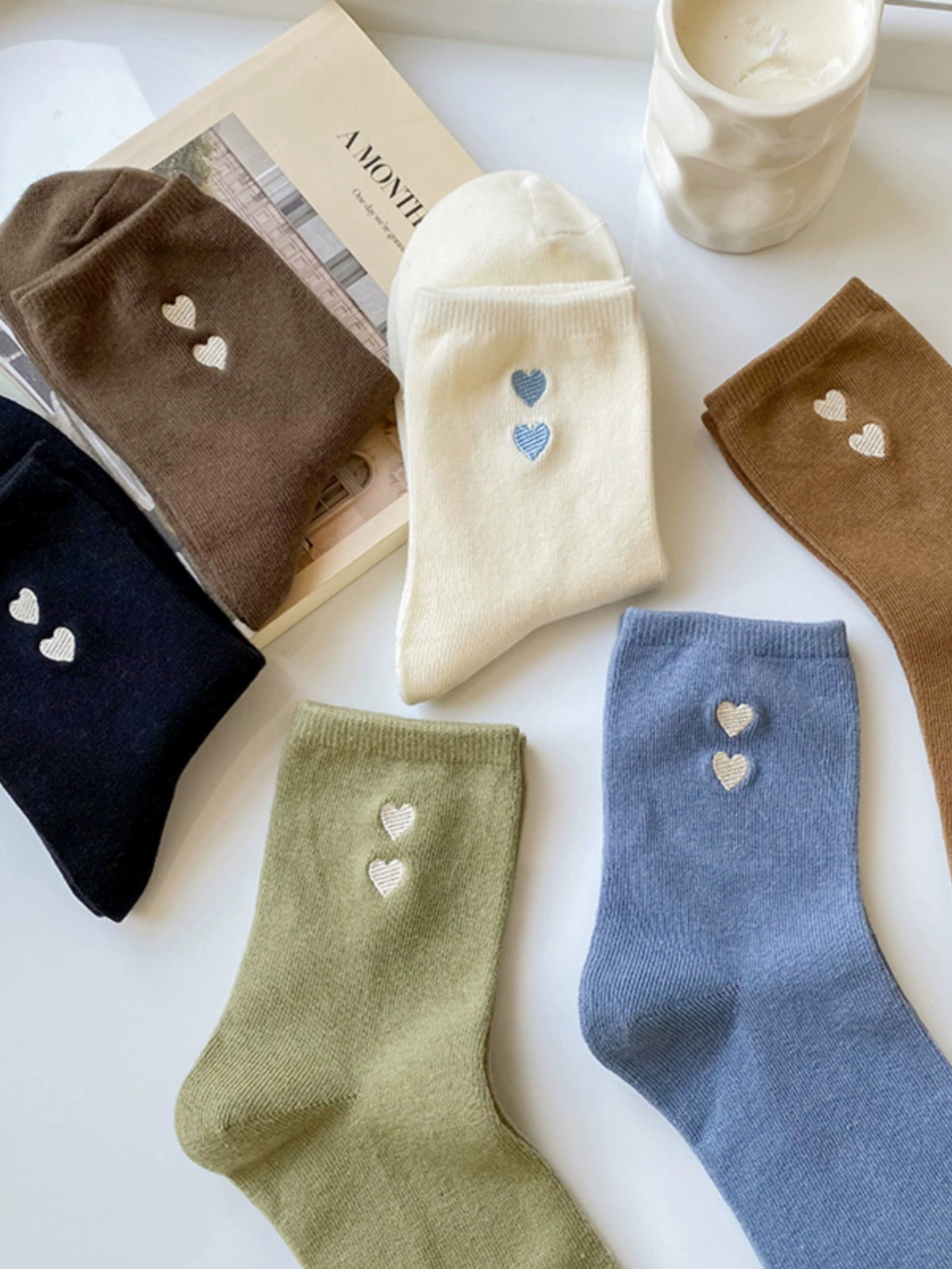 [6 Pairs] Embroidered Double Love Heart Simplicity Wear Spring Summer College Style Cute Goddess Socks
