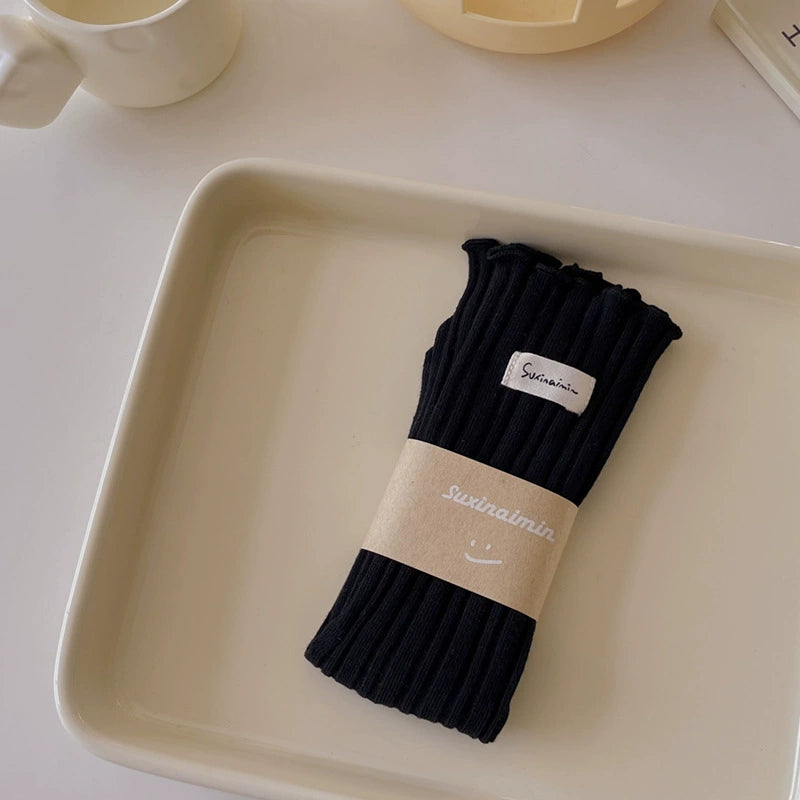 [2 Pairs] Spring and Summer Thin Wooden Ear Double Needle Pile Style Wear Cotton Trendy Mid-Calf