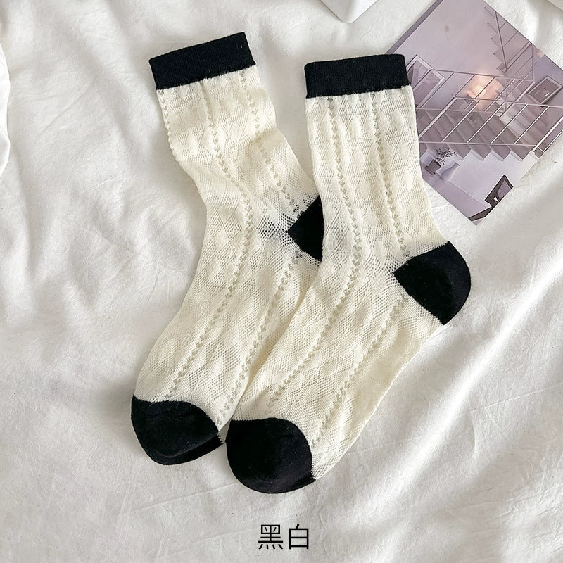 [3 Pairs] Dopamine Summer Thin Hollow Diamond Contrast Color Female Mid-Calf Length and Breathable Mesh Comfortable Pure Cotton