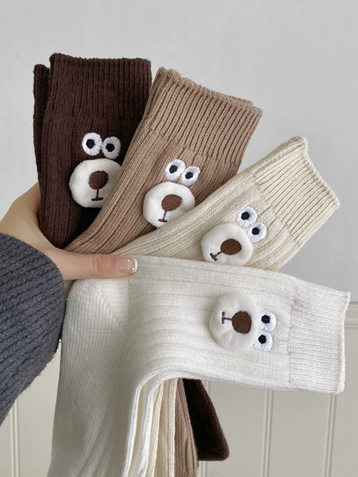 [5 Pairs] 3D Cartoon Bear Head Simple and Easy to Match College Style Kawaii