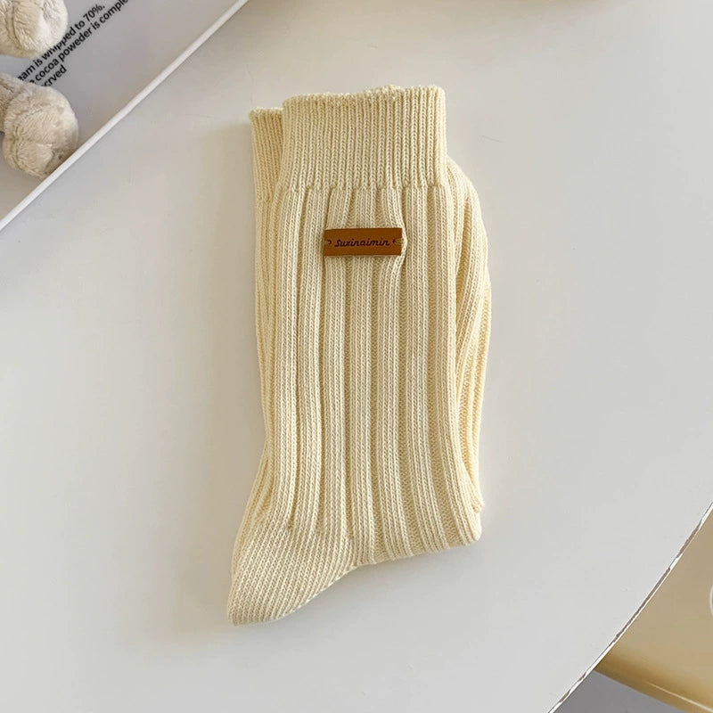 [5 Pairs] Spring and Summer Niche Leather Tag Mid-Calf Length College Style South Korea Trendy Wear