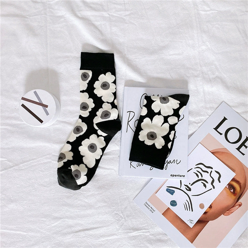 [2 Pairs] Long Tube Ins Style Small Flower Xuan Ya Mid-Calf Women's Cotton Little Red Book Recommendation Tide