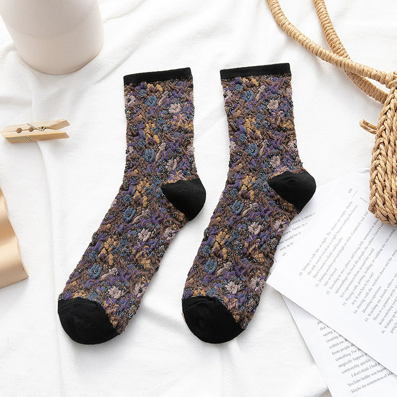 [2 Pairs] Gold Rose Totem Flower Mid-Calf Spring and Summer Match Small Leather Shoes Beautiful