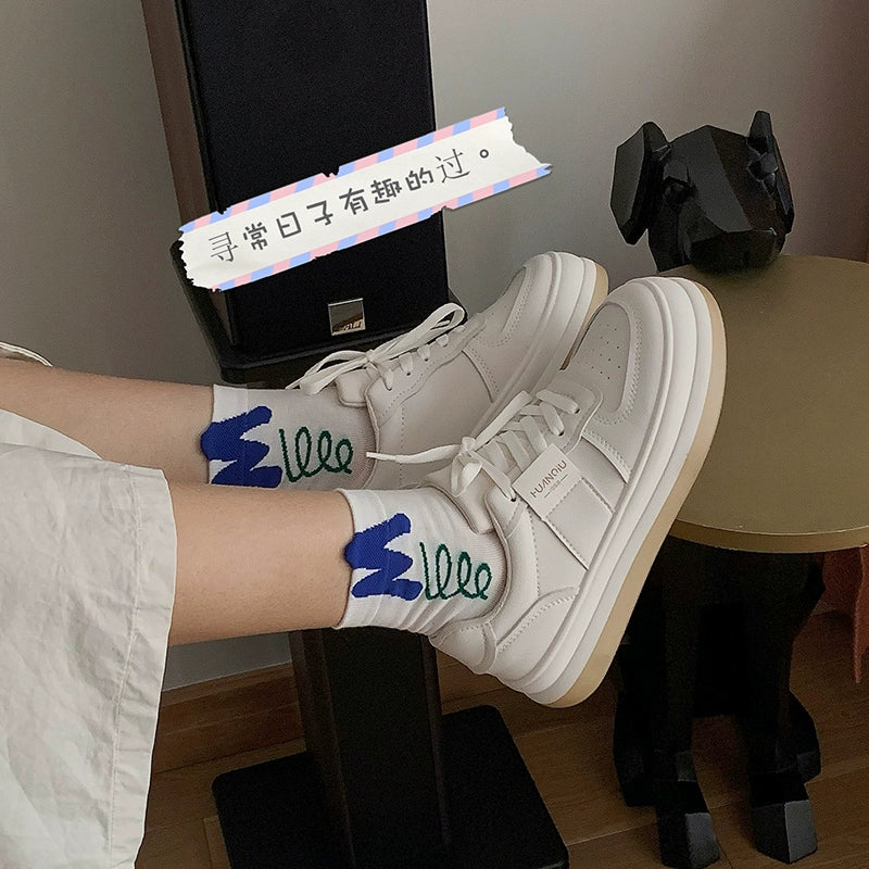 [4 Pairs] Spring and Summer Thin Combed Cotton Socks Mouth Japanese Fashion Letters Girlish Style Full