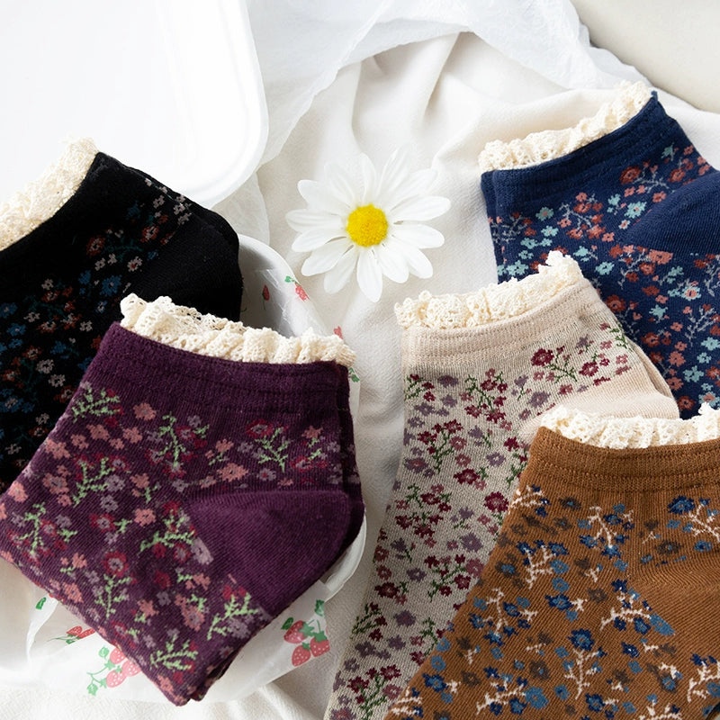 [2 Pairs] Pure Cotton Floral Lace Ethnic Style Versatile Short Spring and Summer Thin