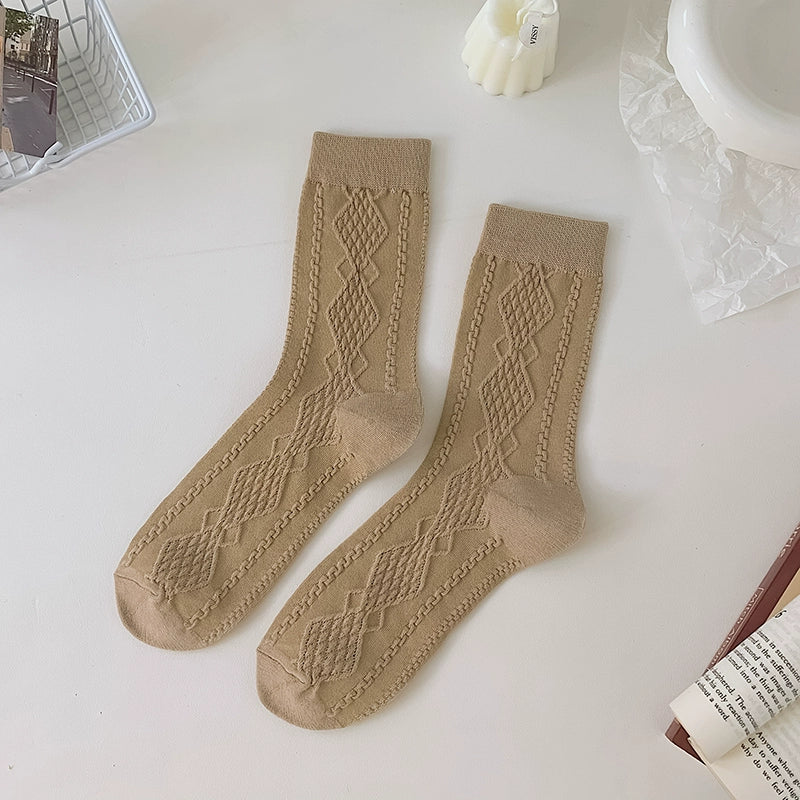 [2 Pairs] Spring and Summer Twist Thin Pure Cotton 3D Rhombus Stripe Socks