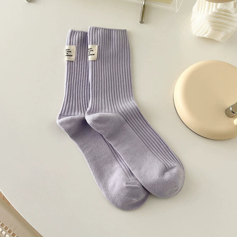[3 Pairs] Socks Women's Spring and Summer Cotton Double Needle Bunching Socks Japanese Heel Cloth Label Macaron Tube Socks