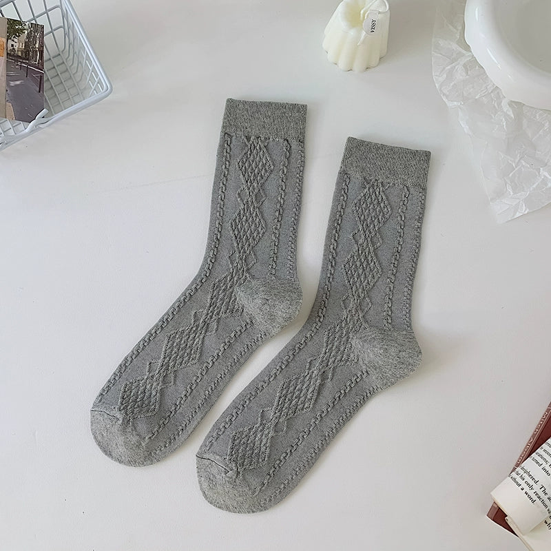 [2 Pairs] Spring and Summer Twist Thin Pure Cotton 3D Rhombus Stripe Socks