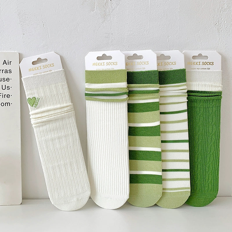 [5 Pairs] Thin Grass Green Series Stripe College Style Flat Sock