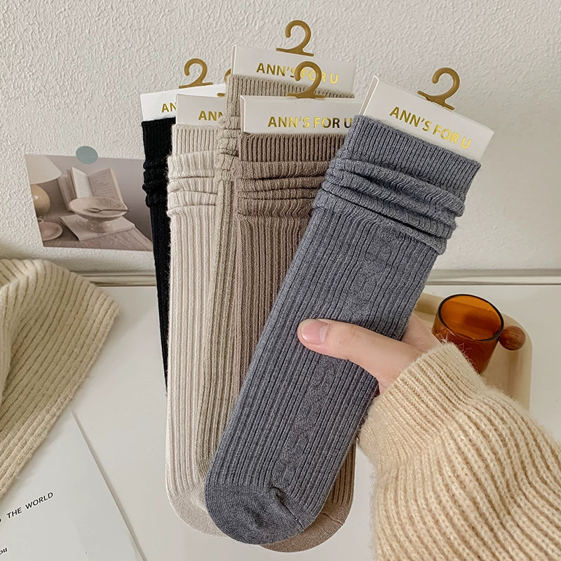 [2 Pairs] Spring and Summer Solid Color a Little Retro Bunching Socks Cashmere Material Comfortable and Soft