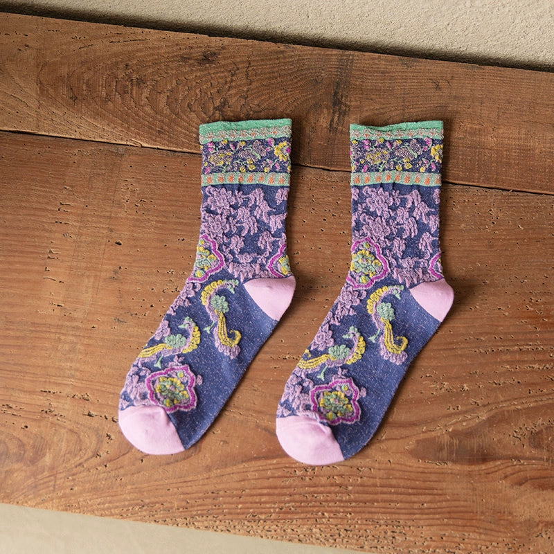 [2 Pairs] Vintage Court Style Blossoming Flowers Spring and Summer Pure Cotton Socks