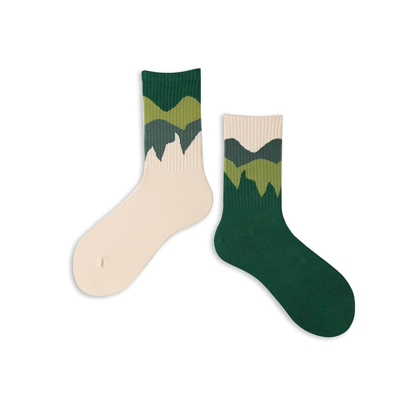 [4 Pairs] Spring Summer Pure Cotton Boneless Sewing Head Men's and Women's Sports Lovers' Socks Snow Mountain Wind Left and Right Feet AB Socks