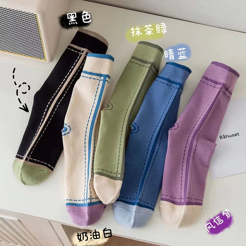 [5 Pairs] Pure Cotton Spring and Summer Color Virtual Pocket Picture Women's Thin Socks Looks Very Fashionable