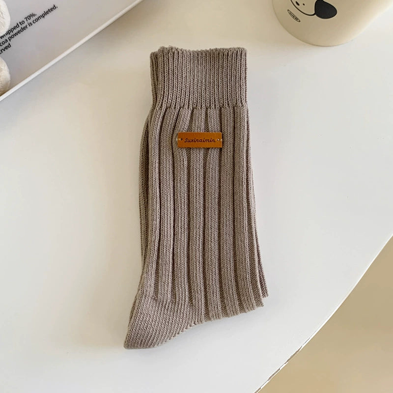 [5 Pairs] Spring and Summer Niche Leather Tag Mid-Calf Length College Style South Korea Trendy Wear