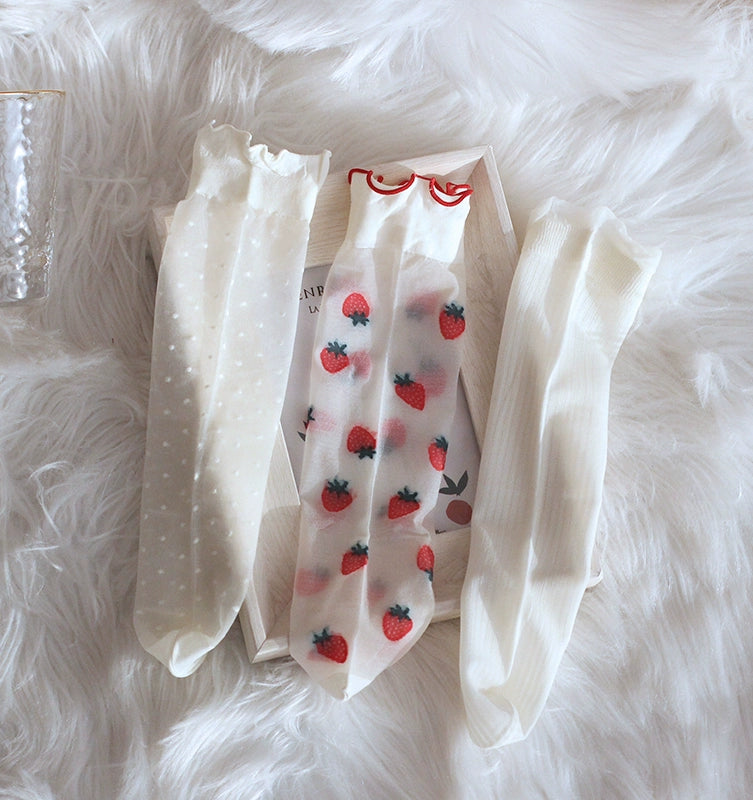 [3 Pairs] Lolita Style Summer Ultra-Thin Silk Fruit Dark Flower White Wear Lace Design