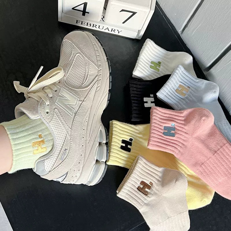 [2 Pairs] Embroidery H. Sports Shallow Mouth Short and Mid-Calf Length Women's Socks All-Match Beautiful Candy Color