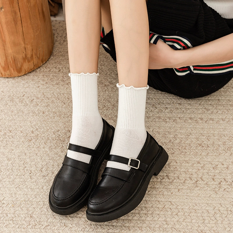 [2 Pairs] JK Black and White Striped Wooden Ear Cotton Spring and Summer Cotton Socks Lace Socks Versatile