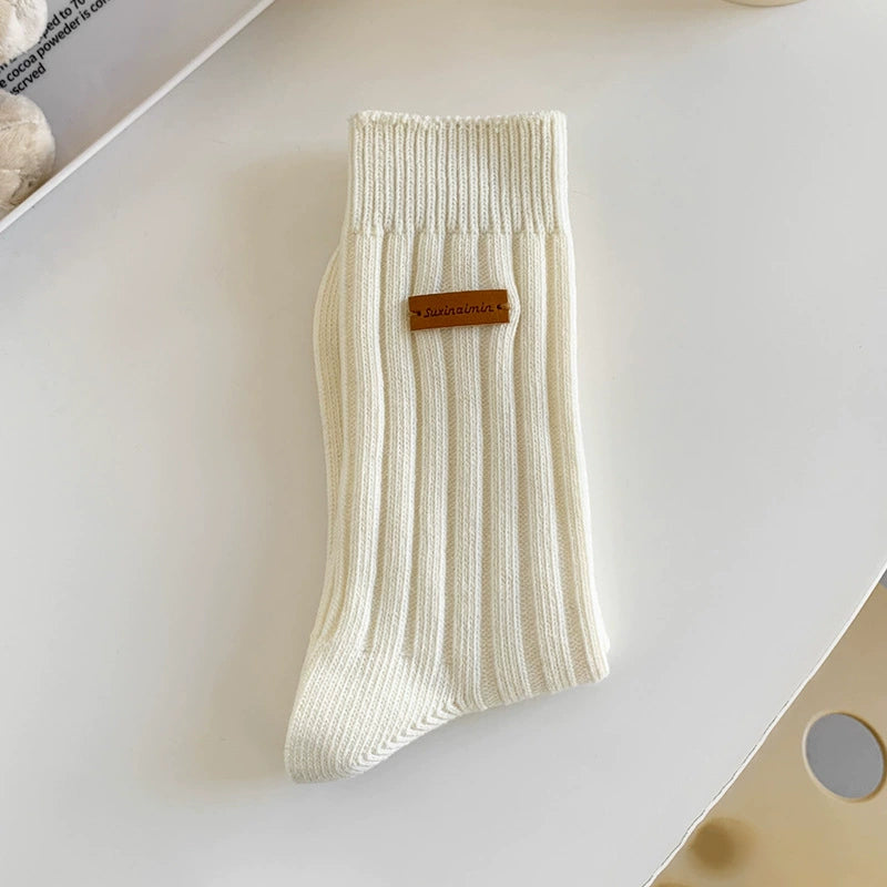 [5 Pairs] Spring and Summer Niche Leather Tag Mid-Calf Length College Style South Korea Trendy Wear