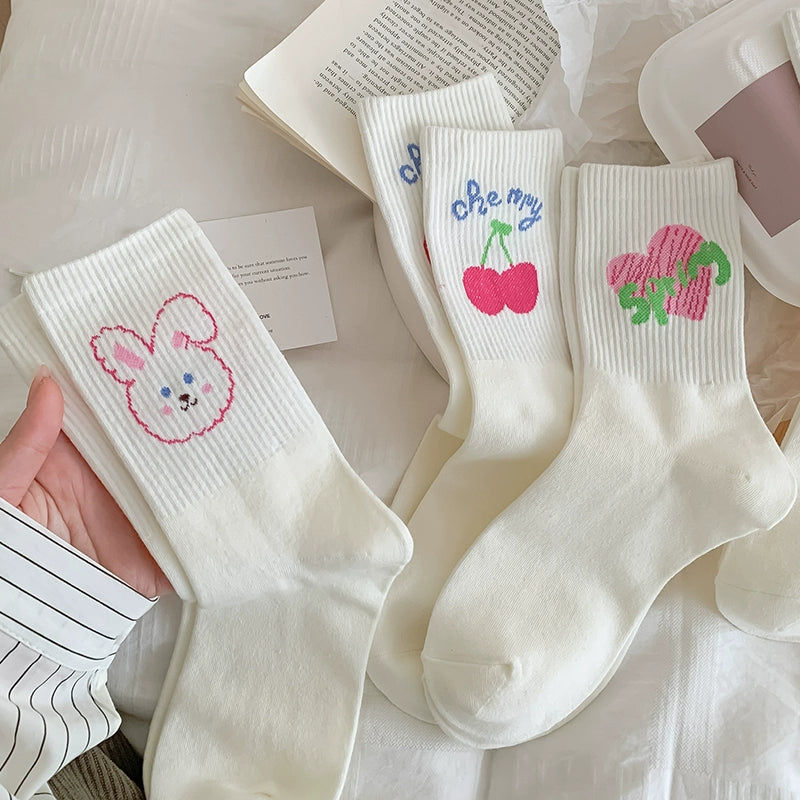 [4 Pairs] Spring and Summer Cute Cartoon White Preppy Style Rabbit Cherry Solid Color Wear