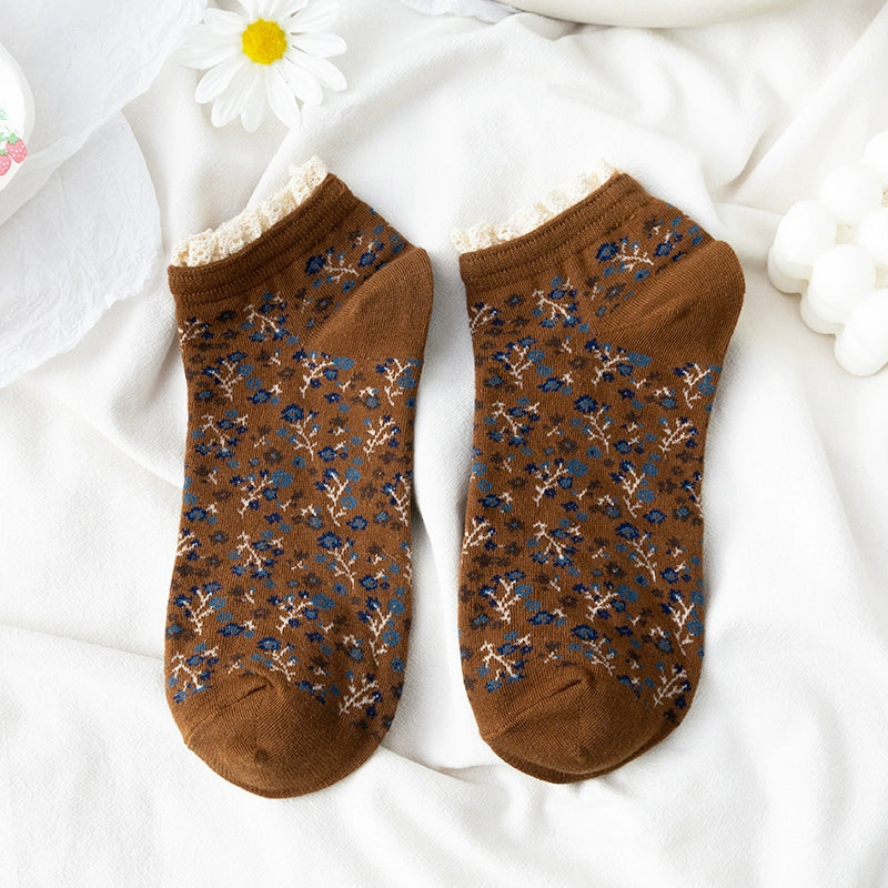 [2 Pairs] Pure Cotton Floral Lace Ethnic Style Versatile Short Spring and Summer Thin