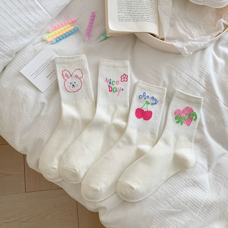 [4 Pairs] Spring and Summer Cute Cartoon White Preppy Style Rabbit Cherry Solid Color Wear