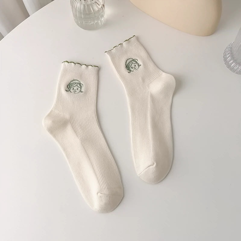[2 Pairs] Matcha Green Flavor Spring Summer Pure Cotton Cute Girl Avatar Socks