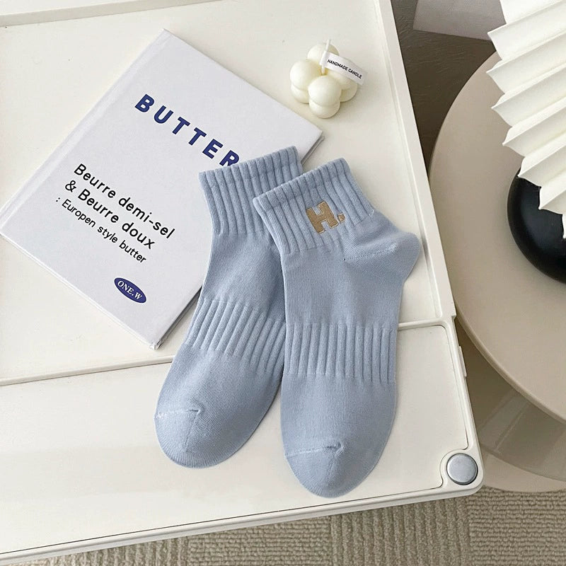 [2 Pairs] Embroidery H. Sports Shallow Mouth Short and Mid-Calf Length Women's Socks All-Match Beautiful Candy Color